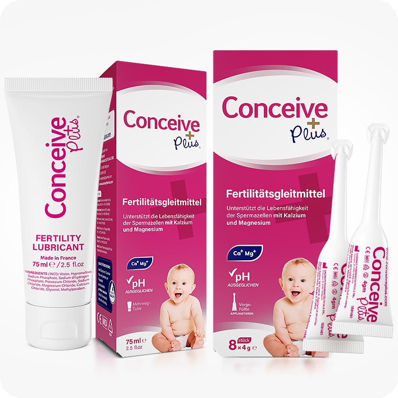 Conceive Plus Fertility Lubricant Combo 75ml + 8 applicators (DE) product image showing the full German packaging set, including a 75ml fertility lubricant tube, a box of 8x4g pre-filled fertility fertility applicators, and close-up labels in pink and white with a baby graphic, designed to support sperm viability with calcium and magnesium.