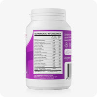 For Conceive Plus Fertility Supplement & Lubricant For Women (DE), side label of women's fertility support bottle showing full nutritional information table, including daily values of key vitamins, minerals, and amino acids in two capsules, printed on a purple background.