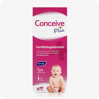 For Conceive Plus Fertility Supplement & Lubricant For Women (DE), front-facing pack of 8x4g pre-filled fertility lubricant applicators in German, featuring bold pink design, key benefits like calcium, magnesium, and balanced pH, along with an image of a smiling baby and 8 pre-filled applicators noted at bottom.
