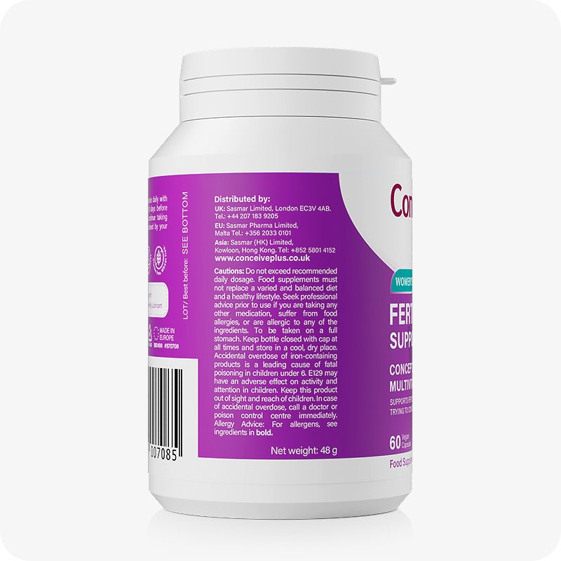 For Conceive Plus Fertility Supplement & Lubricant For Women (DE), side view of women’s fertility support supplement bottle displaying product cautions, distributor information, allergy advice, and barcode on a purple and white label with rounded bottle design.