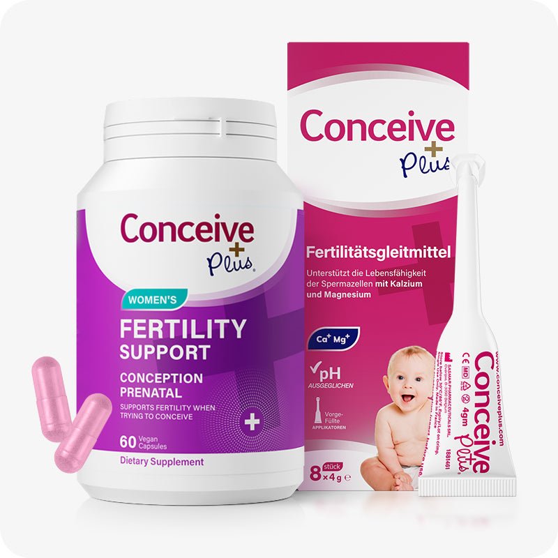 Conceive Plus Fertility Supplement & Lubricant For Women (DE) product bundle showing a bottle of women’s fertility support capsules, and an 8x4g pre-filled fertility lubricant applicators box with German labeling, and a single-use pre-filled applicator, all arranged front-facing with a white background and a smiling baby image on box.