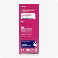 For Conceive Plus Fertility Supplement & Lubricant For Women (DE), rear view of 8x4g pre-filled fertility lubricant applicators box showing manufacturing details, international distributor contacts, quality assurance standards, patent information, and CE markings in German on a pink background.