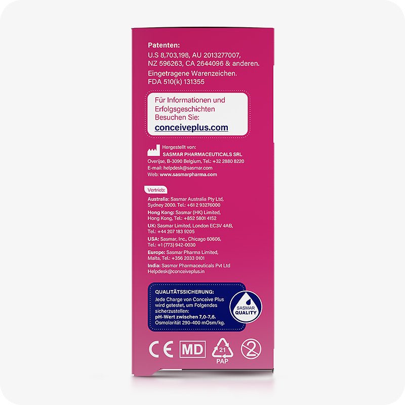 For Conceive Plus Fertility Supplement & Lubricant For Women (DE), rear view of 8x4g pre-filled fertility lubricant applicators box showing manufacturing details, international distributor contacts, quality assurance standards, patent information, and CE markings in German on a pink background.
