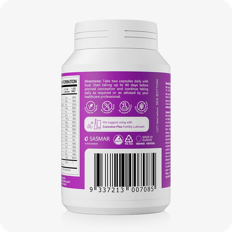 For Conceive Plus Fertility Supplement & Lubricant For Women (DE), back label of women's fertility support supplement bottle showing dosage instructions, nutritional table, usage icons, barcode, and a note suggesting combined use with Conceive Plus Fertility Lubricant, all printed on a purple background.