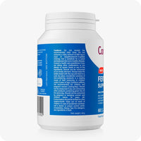 For Conceive Plus Men's Fertility Support + Lubricant (DE), side view of men's fertility support supplement bottle showing caution and dosage information, printed on a blue label with a barcode, usage warnings, and storage instructions.