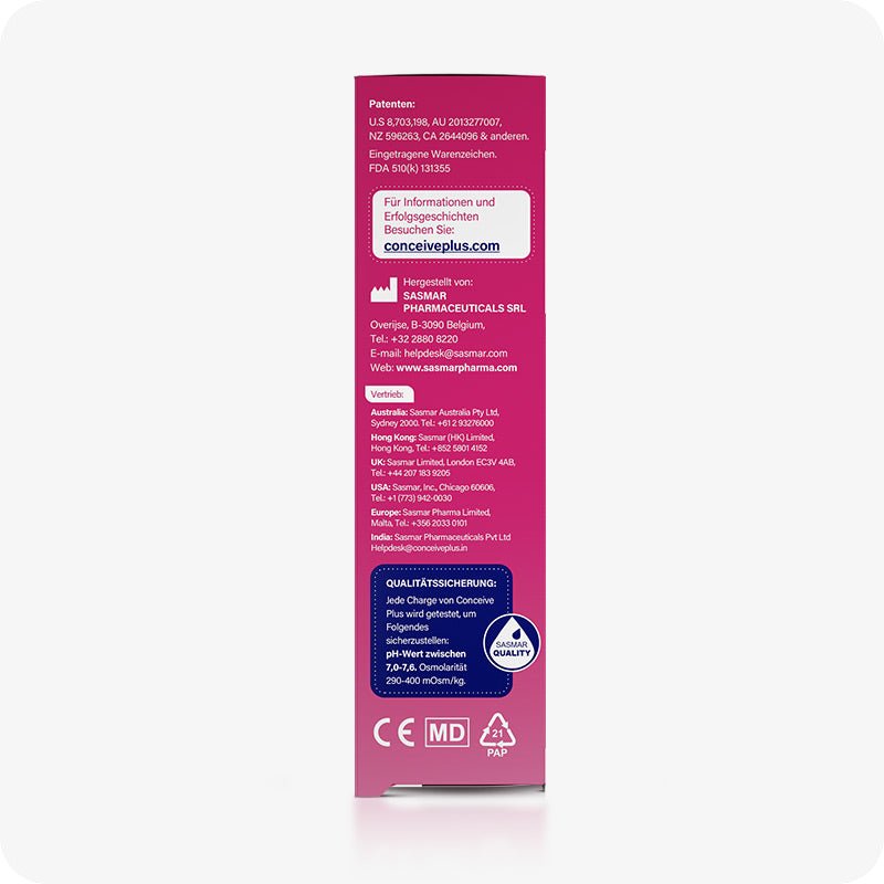For Conceive Plus Men's Fertility Support + Lubricant (DE), side panel of 75ml fertility lubricant packaging in German, displaying manufacturer and distributor information, patent details, official website link, and SASMAR quality assurance label with CE and medical device symbols at bottom.
