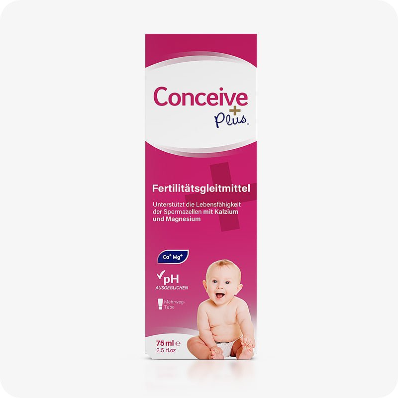 For Conceive Plus Men's Fertility Support + Lubricant (DE), image of 75ml fertility lubricant outer packaging in German, featuring a pink box with calcium and magnesium ion icons, balanced pH symbol, and a smiling baby image.
