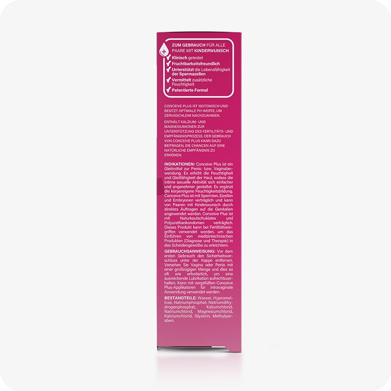 For Conceive Plus Men's Fertility Support + Lubricant (DE), side view of 75ml fertility lubricant pink box in German, listing clinical benefits, ingredients, usage instructions, and claims such as sperm viability support, pH balance, and patented formula, intended for couples trying to conceive.