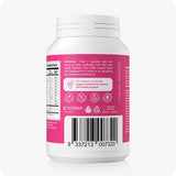 Back of Conceive Plus Birth Control Detox bottle featuring product usage directions and icons indicating key attributes such as vegan-friendly, hormone-free, no artificial ingredients, and made in Europe. Pink label also suggests switching to Conceive Plus Fertility Support after 30 days.