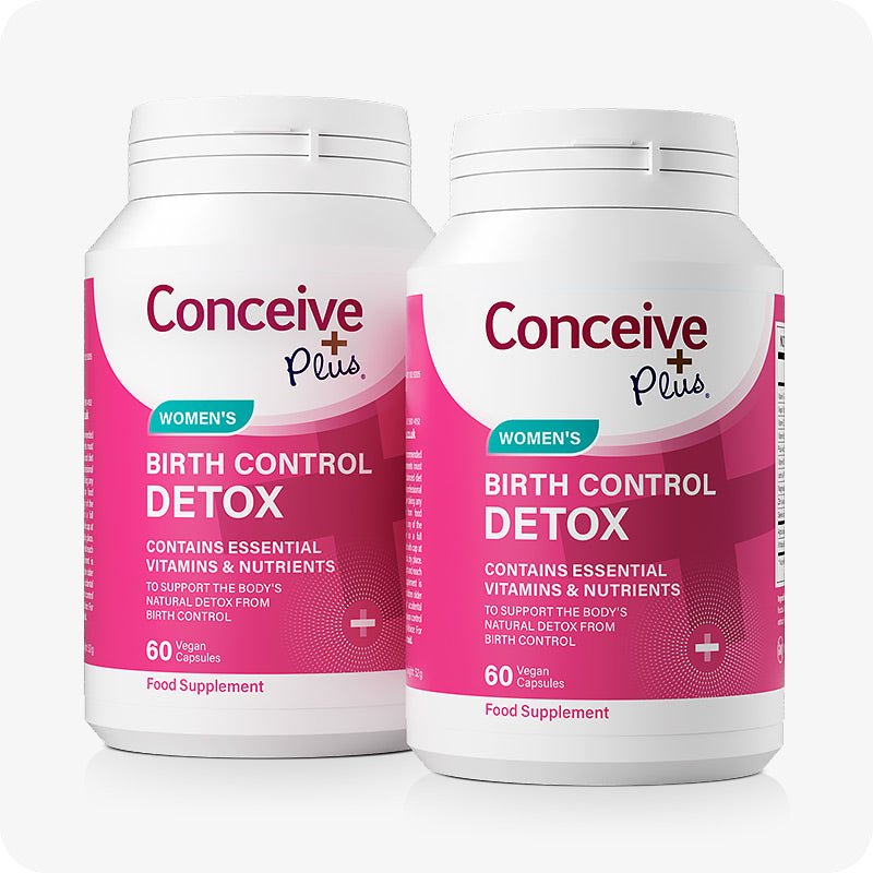 Two bottles of Conceive Plus Birth Control Detox displayed side by side, featuring pink and white labels highlighting essential vitamins and nutrients to support body’s natural detox after stopping birth control. Each bottle contains 60 vegan capsules.
