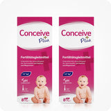 For Conceive Plus Fertility Lubricant Combo 75ml + 8 applicators (DE), image showing a double pack of 8x4g pre-filled fertility lubricant applicators in German packaging, with pink branding, baby graphics, calcium and magnesium highlights, and pH balance claims for sperm-friendly fertility support.