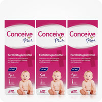 For Conceive Plus Fertility Lubricant Combo 75ml + 8 applicators (DE), image featuring a triple pack of 8x4g pre-filled fertility lubricant applicators German-label, with pink packaging, pH balance label, calcium-magnesium icon, and baby image symbolizing conception support.