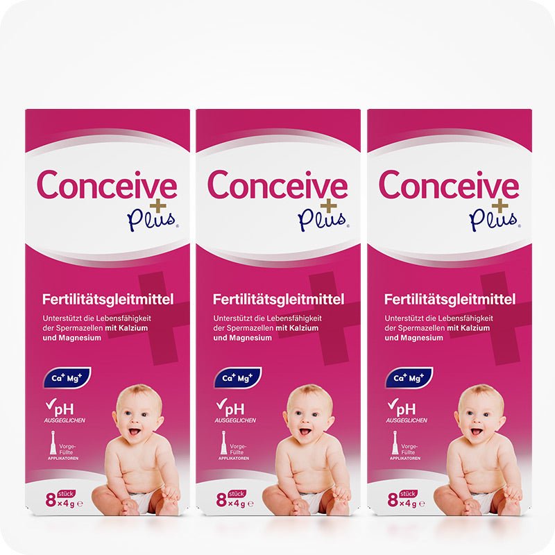 For Conceive Plus Fertility Lubricant Combo 75ml + 8 applicators (DE), image featuring a triple pack of 8x4g pre-filled fertility lubricant applicators German-label, with pink packaging, pH balance label, calcium-magnesium icon, and baby image symbolizing conception support.