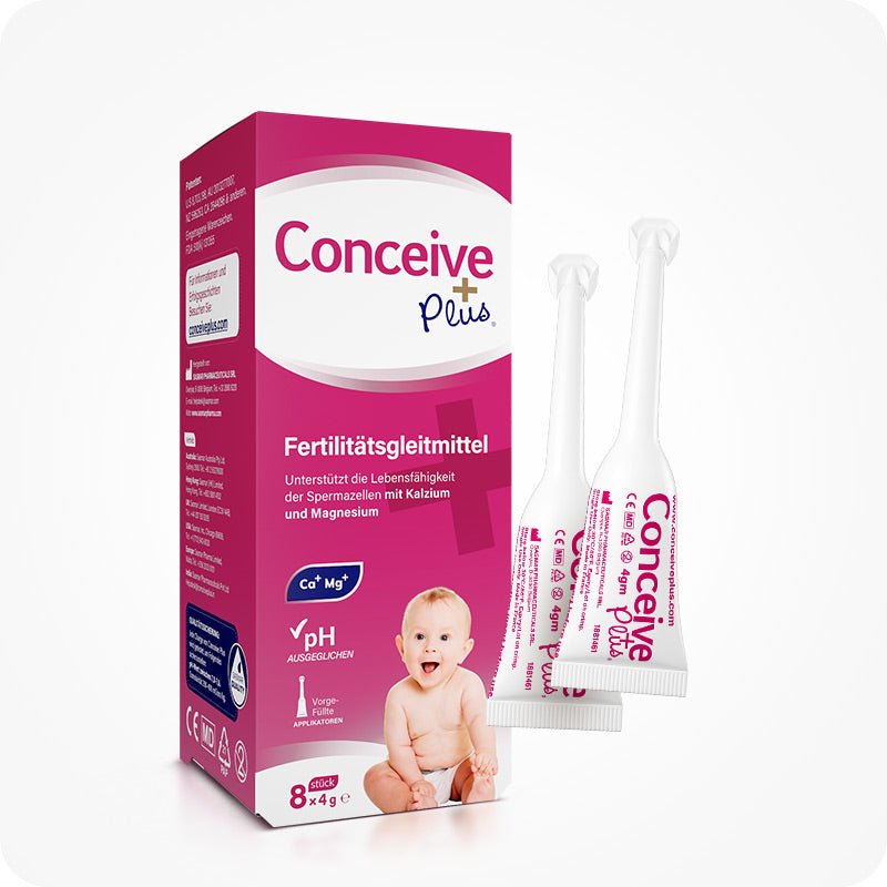 For Conceive Plus Fertility Lubricant Combo 75ml + 8 applicators (DE), product photo featuring German-labeled 8x4g pre-filled fertility lubricant applicator box, placed upright beside packaging, showing pink branding, a baby image, and ingredient callouts including calcium and magnesium for balanced pH and sperm viability.