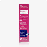 Side view of the Conceive Plus Fertility Lubricant 75ml box showing manufacturing and distributor information, including contact details and quality assurance data. The text is printed in German on a pink and white background.