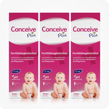 Three boxes of Conceive Plus Fertility Lubricant 75ml arranged side by side on a white background. Each box displays German text, a baby image, and product highlights including calcium, magnesium, and pH balance to support fertility.