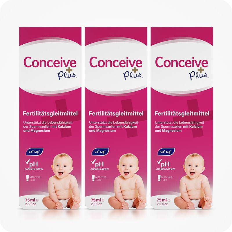 Three boxes of Conceive Plus Fertility Lubricant 75ml arranged side by side on a white background. Each box displays German text, a baby image, and product highlights including calcium, magnesium, and pH balance to support fertility.