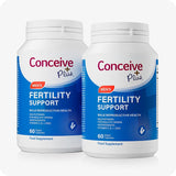 For Conceive Plus Men's Fertility Support + Lubricant (DE), double pack of men's fertility support supplements, featuring two white and blue bottles with 60 vegan capsules each, promoting male reproductive health through multivitamins and antioxidants including vitamins C, E, and zinc.