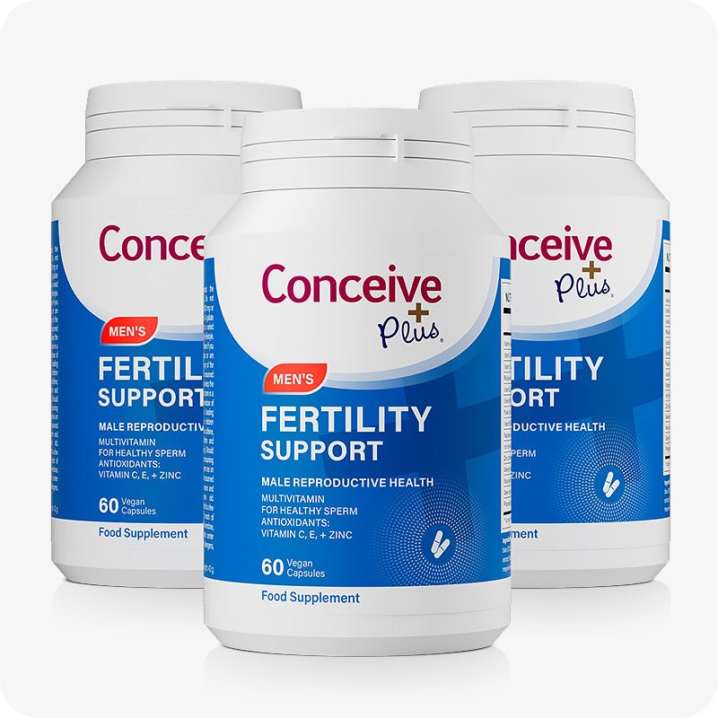 For Conceive Plus Men's Fertility Support + Lubricant (DE), triple pack of men's fertility support supplements, each bottle labeled with 60 vegan capsules for male reproductive health, shown in blue and white design with antioxidant-rich multivitamins including zinc, vitamin C, and vitamin E.