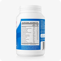 For Conceive Plus Men's Fertility Support + Lubricant (DE), back view of men's fertility support supplement bottle showing a detailed nutritional information chart for two capsules, including vitamin and mineral percentages, along with full ingredient list at bottom on a blue and white label.