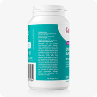 Side view of Conceive Plus Ovulation Support bottle showing cautionary information, manufacturer contact details, and distribution addresses in the UK, EU, and Asia. Designed for women’s reproductive wellness.