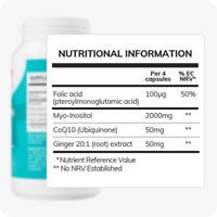 Nutritional information table for Conceive Plus Ovulation Support, listing nutritional values per 4 capsules: 2000mg Myo-Inositol, 50mg CoQ10, 100µg Folic Acid, and 50mg Ginger root extract. Designed for cycle regulation and ovarian health.