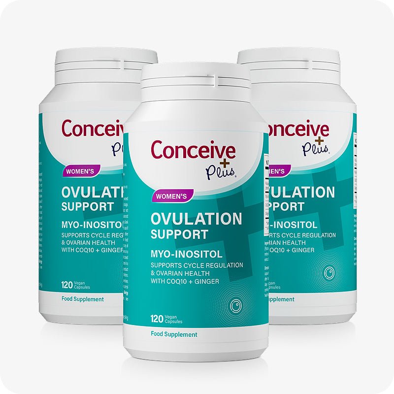 Triple pack of Conceive Plus Ovulation Support bottles, each containing 120 vegan capsules. Teal and white design emphasizes Myo-Inositol, CoQ10, ginger, and folic acid blend to support ovulation, hormone balance, and menstrual health for women.