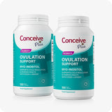Two bottles of Conceive Plus Ovulation Support with teal and white labels, each containing 120 vegan capsules. Formulated with Myo-Inositol, CoQ10, folic acid, and ginger to support menstrual cycle regulation and ovarian function.