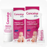For Conceive Plus Try Me Size Fertility Lubricant Bundle, the image shows a 30ml multi-use tube, one box of 30ml lubricant, one box containing 3 pre-filled applicators, and a single visible applicator. Each item features Conceive Plus branding, pH balanced and sperm quality support claims, arranged against a clean white background with baby imagery.